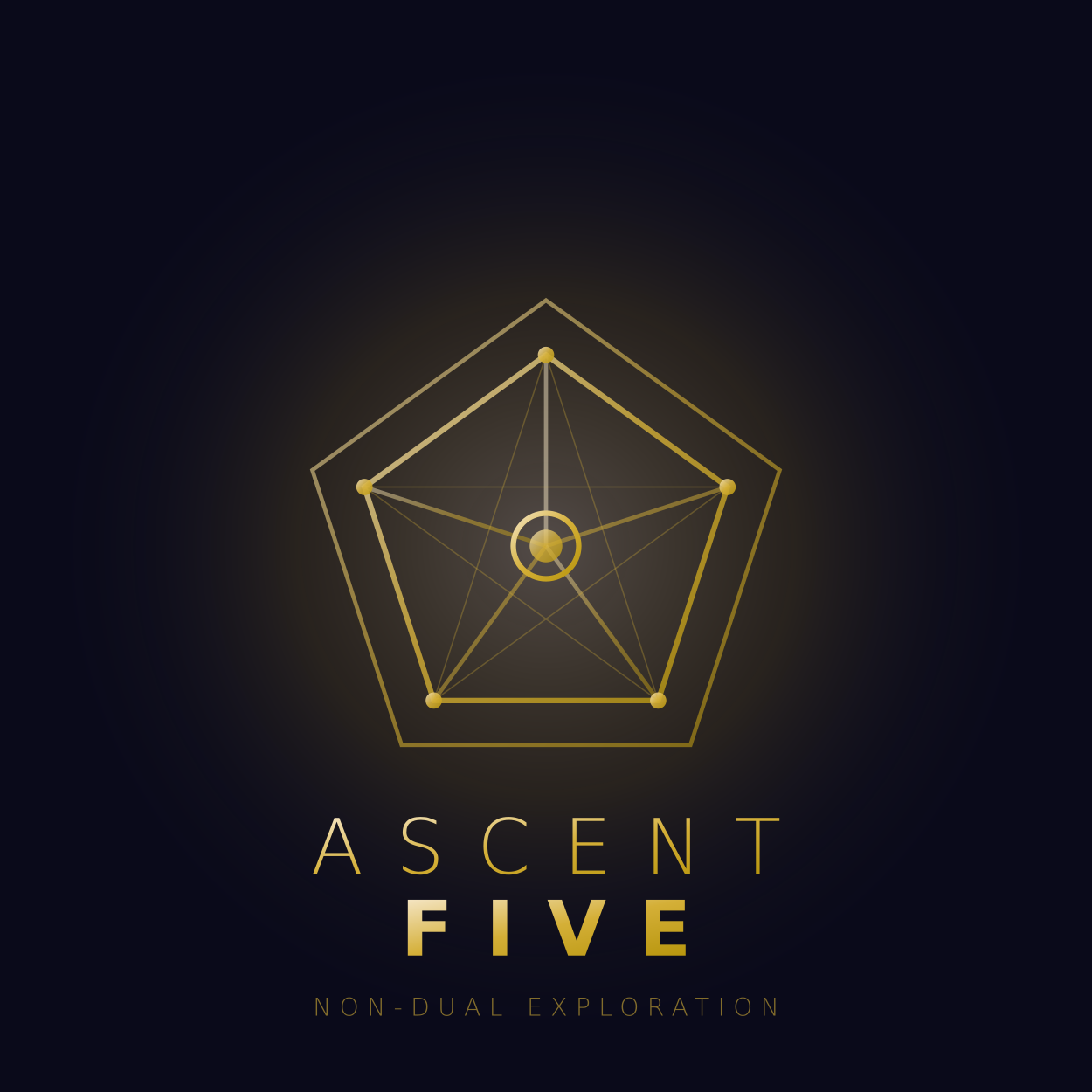 A black background with a gold geometric pentagon and star design, with the words 'ASCENT FIVE' and 'NON-DUAL EXPLORATION' written below in gold.