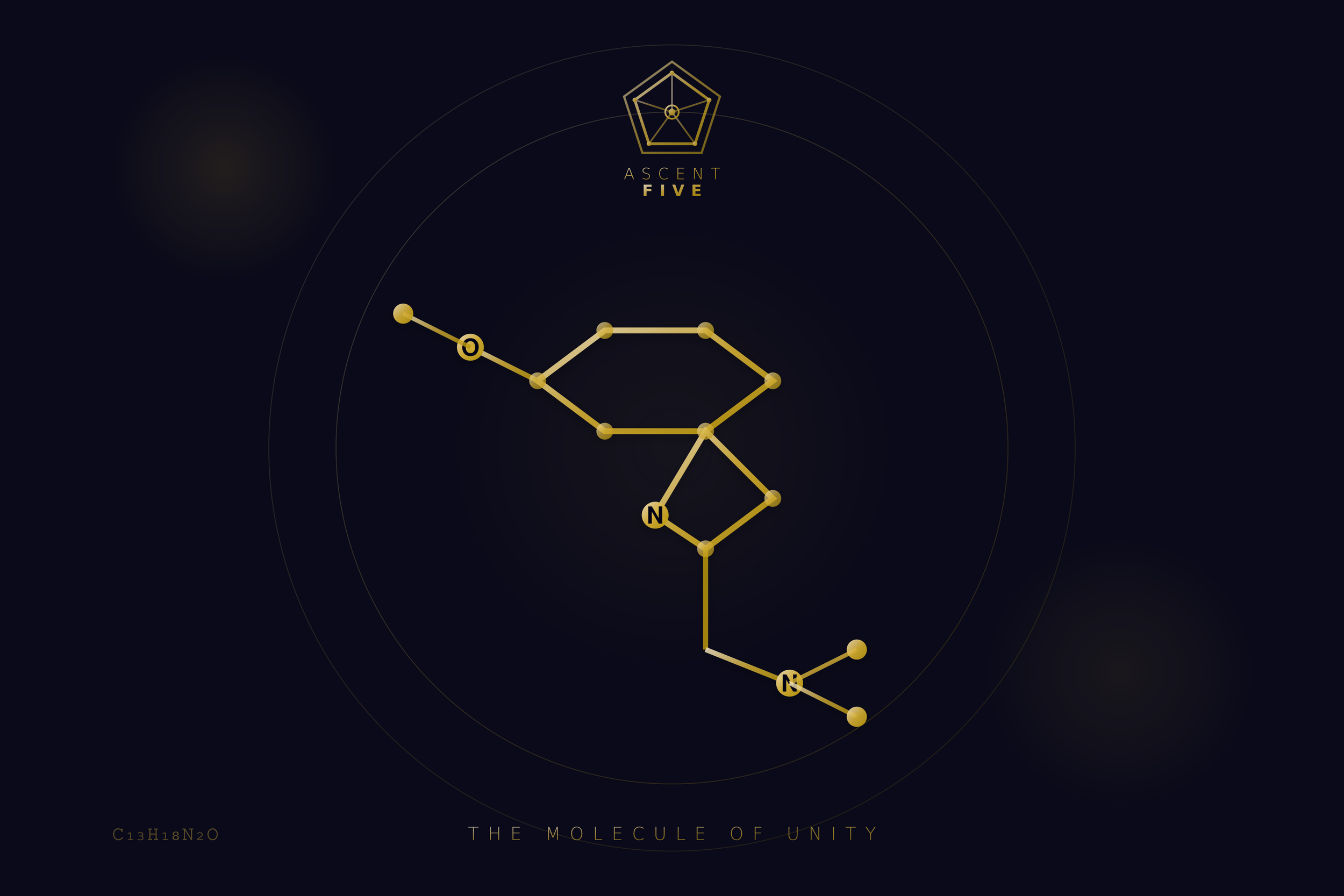 Dark background with a golden molecular structure resembling a molecule, with the words 'Ascend Five' and 'The Molecule of Unity' displayed, along with chemical formula C13H18N2O.